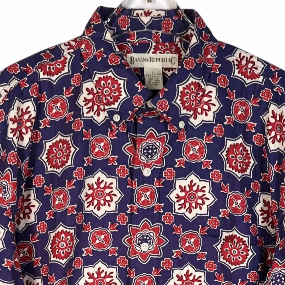 Banana Republic Large Vintage Shirt 80s Mod Boho Floral Op Art Safari Excellent